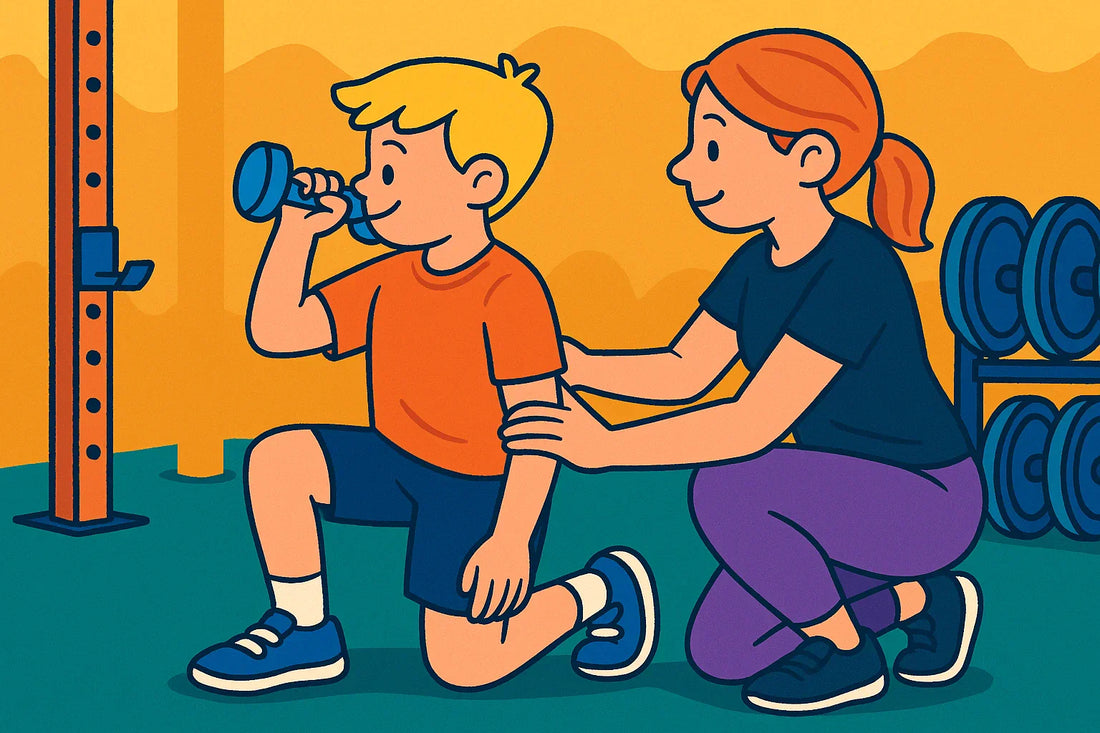 A colorful cartoon illustration of a parent encouraging their child as they lift a small dumbbell in a gym setting. The scene is playful and positive, highlighting safe, supportive strength training for kids