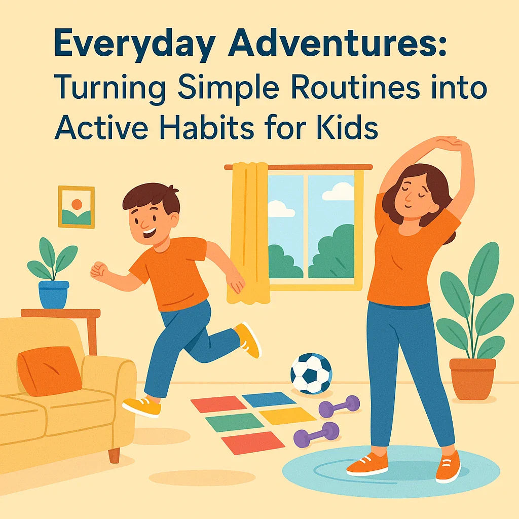 Illustration of a child running and a parent stretching in a bright living room with playful equipment like dumbbells, a football, and colorful mats, symbolizing how everyday routines can become fun movement habits for kids