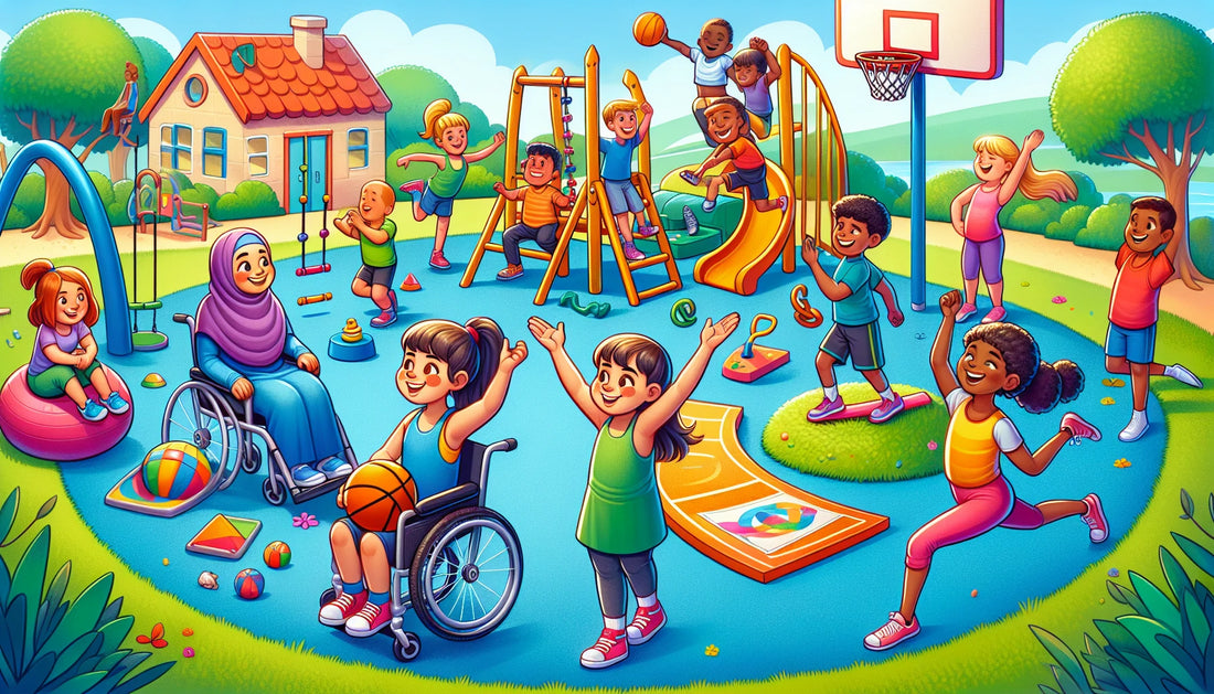 Diverse children enjoying inclusive fitness activities in a park: basketball, yoga, and obstacle course.