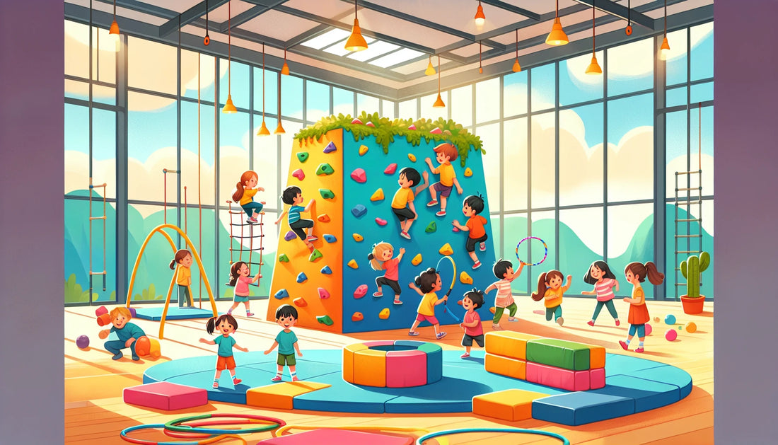 Children enjoy indoor fitness challenges such as climbing, balancing, and jumping in a colorful indoor playground.