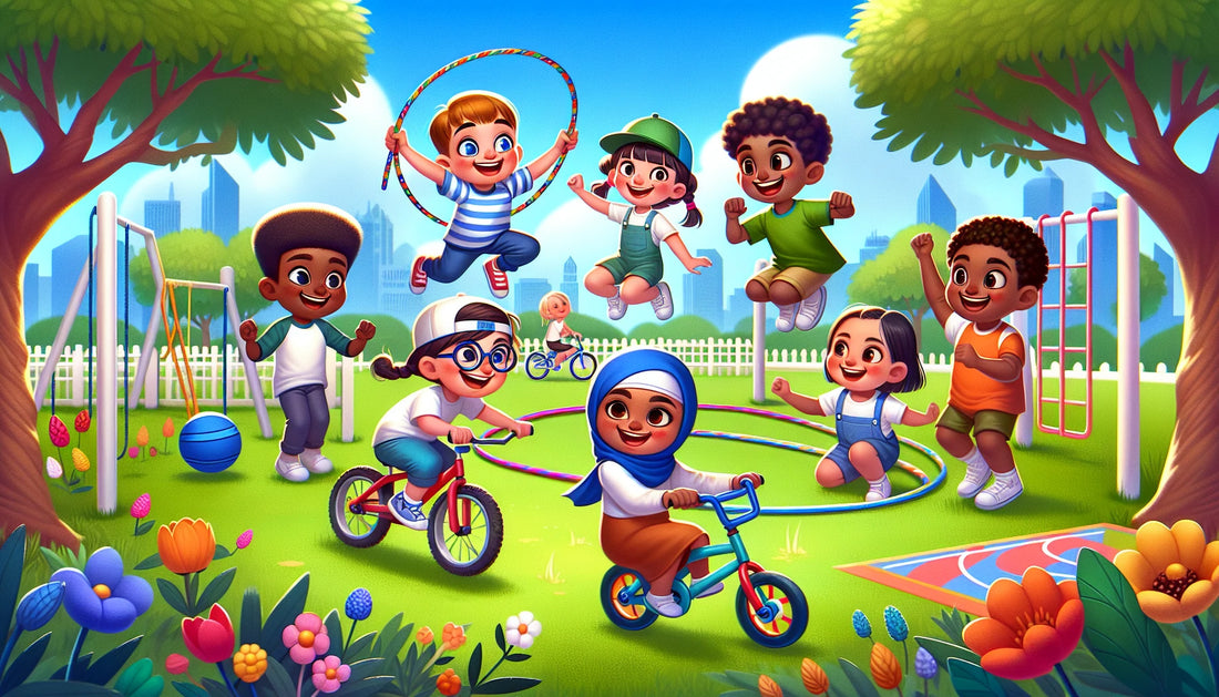 Diverse kids engage in fun cardio—jumping rope, playing tag, cycling, hula hooping—in a vibrant, colorful park.