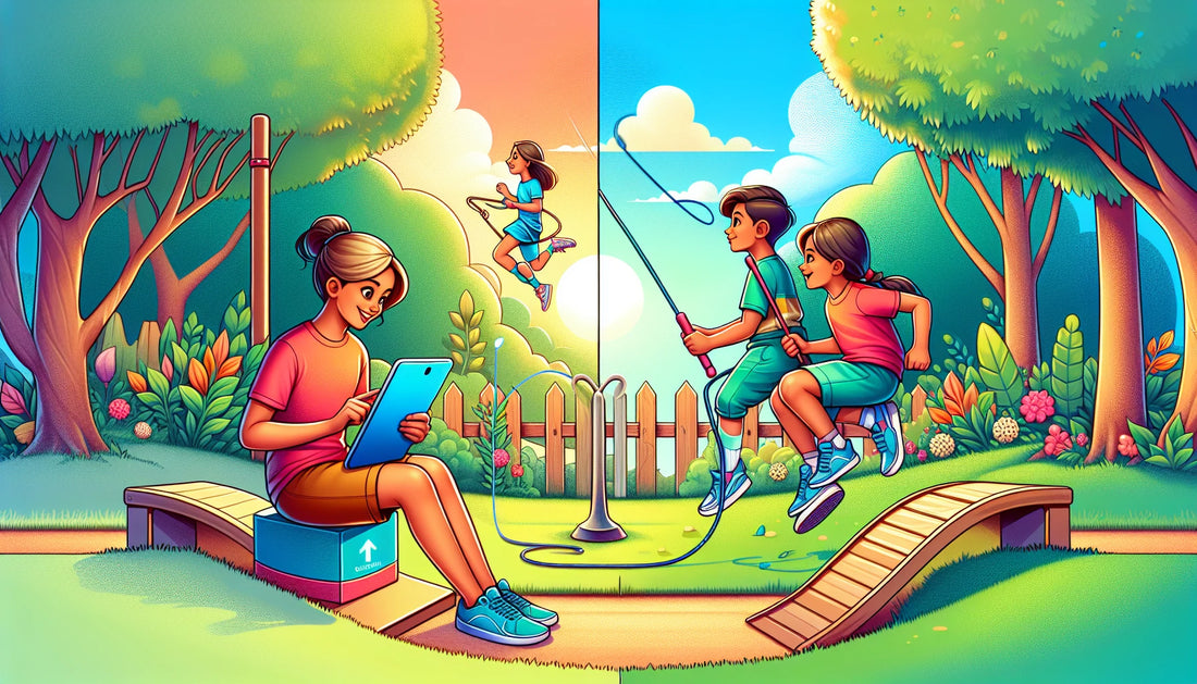 Children enjoying digital and physical play: tablet on seesaw, jump rope in park setting, digital balance and development.
