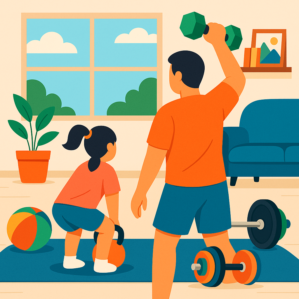 Illustration of children playing with friends while parents and siblings encourage movement in a family setting, symbolizing the power of influence on active lifestyles.