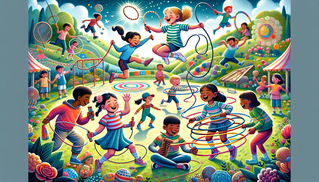 Illustrated kids jumping rope, hula hooping, hopscotch; vibrant, energetic scene. Fun physical activities, energy bursts.
