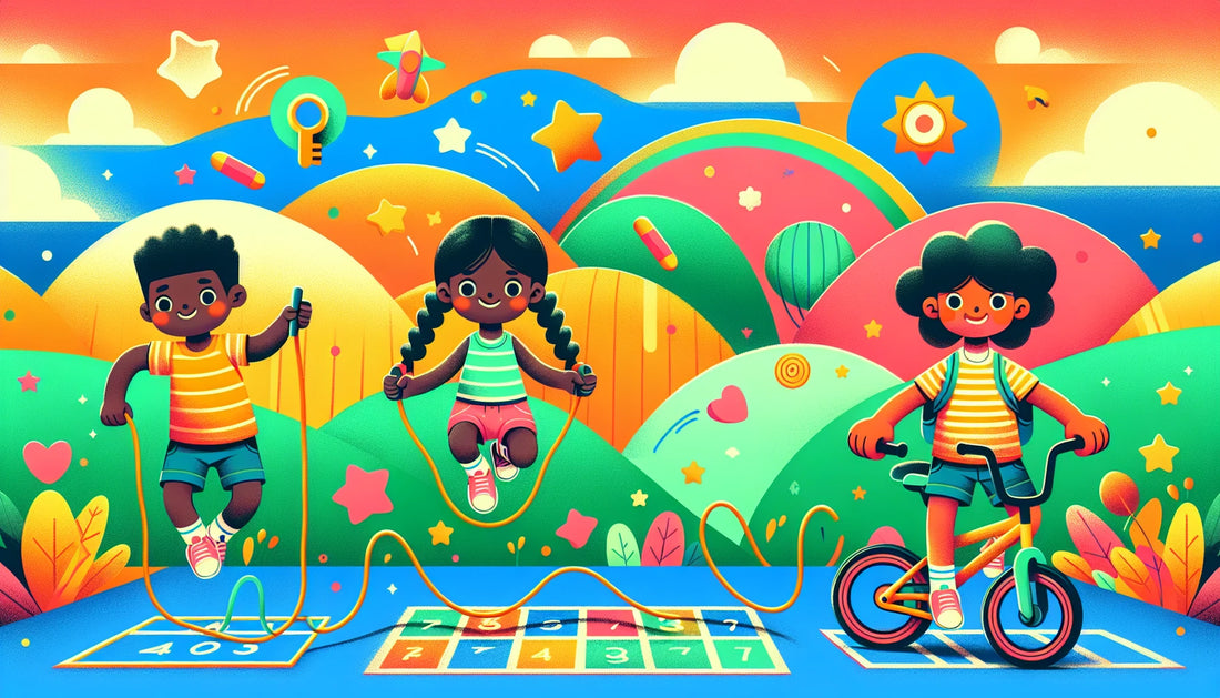 Cartoon kids doing fun fitness activities, colorful badges, stars; gamifying fitness for kids' motivation.