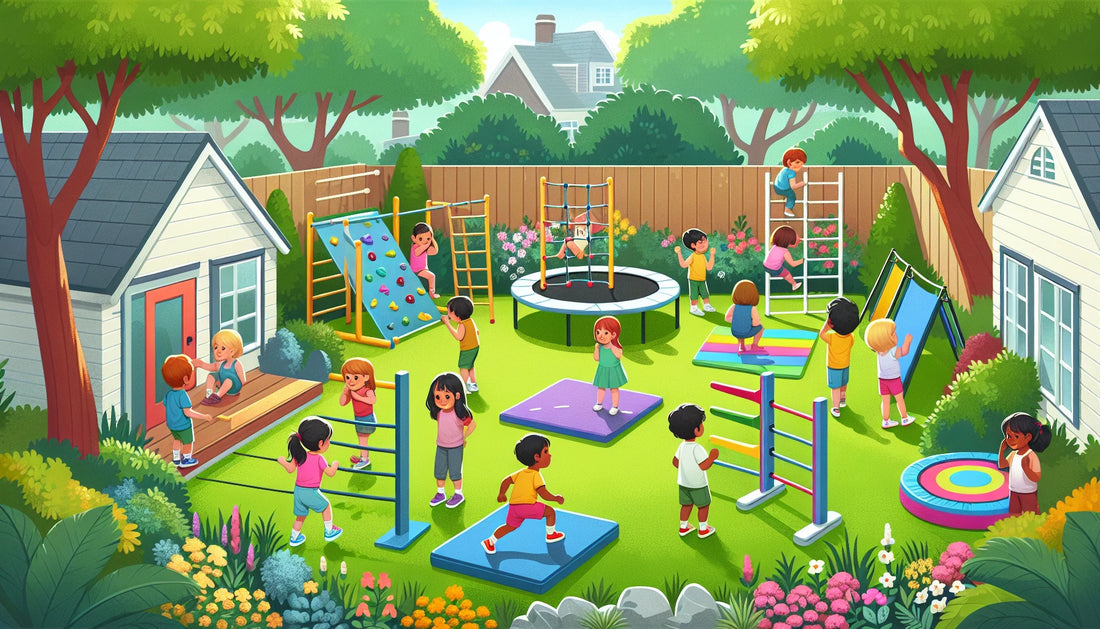 Children in a lush green gym backyard: climbing, balancing, and jumping, surrounded by trees and flowers for interactive f...