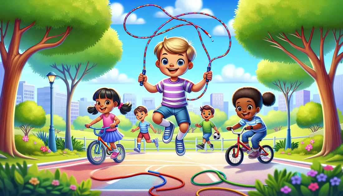 Diverse kids enjoy biking, jumping rope, and soccer in a vibrant park, promoting community fitness engagement.