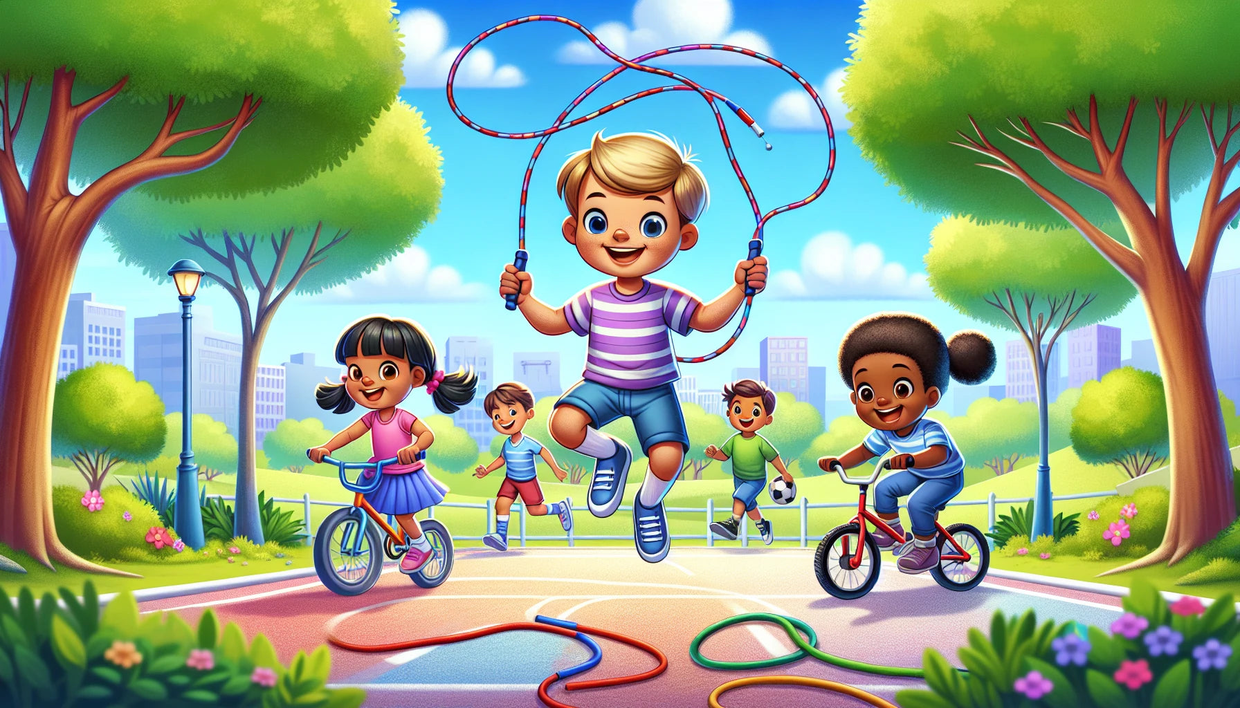 Diverse kids enjoy biking, jumping rope, and soccer in a vibrant park, promoting community fitness engagement.