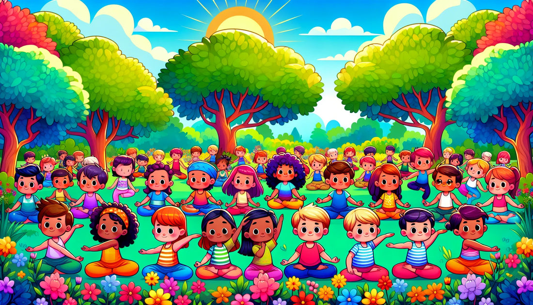 Cartoon kids doing yoga in park; mindful movements for children, vibrant scene, clear sky, trees, and flowers.