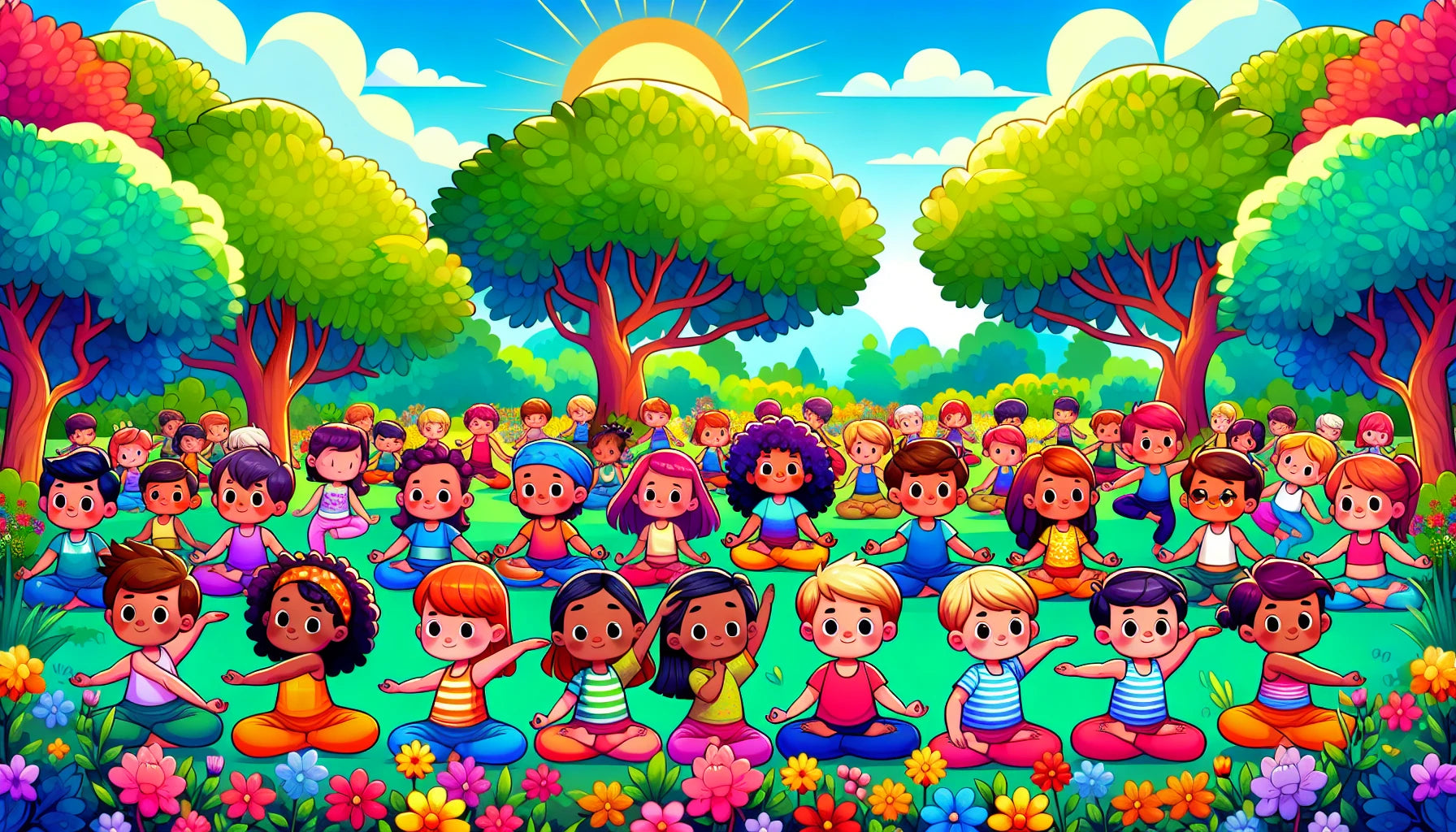 Cartoon kids doing yoga in park; mindful movements for children, vibrant scene, clear sky, trees, and flowers.