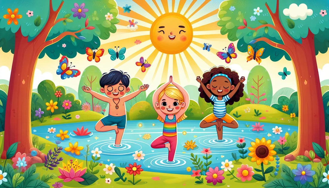 Diverse children practicing yoga in a sunlit garden, featuring tree, lotus, and child's pose for young movers.