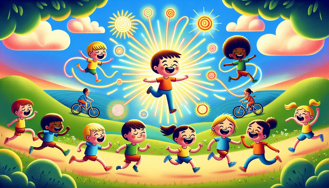 Diverse cartoon kids running, cycling, doing yoga, illustrating physical activity and mental well-being connection.