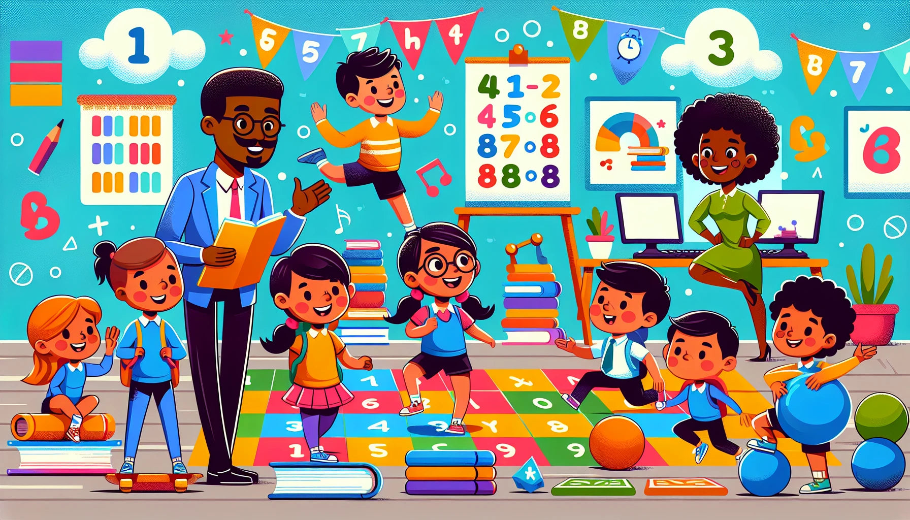 Diverse children in an active classroom; students use exercise balls, standing desks, do hopscotch math, and alphabet yoga.
