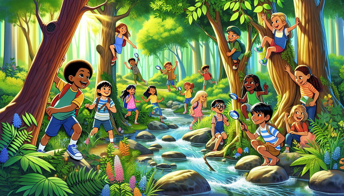 Children explore a lush forest, climbing trees and hopping rocks in a vibrant scene that inspires fitness and curiosity.