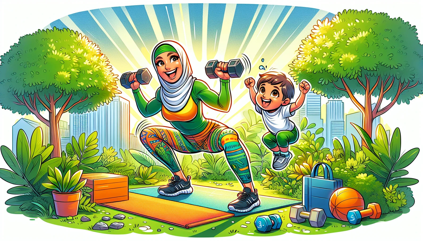 Parent and child in a sunny park doing squats together, bonding through interactive workouts with exercise props nearby.