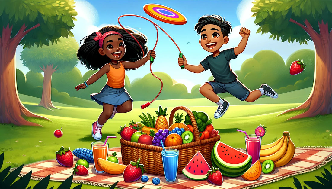 Cartoon kids play with rope, frisbee in park; picnic of fruits, veggies, smoothies promotes playful nutrition.
