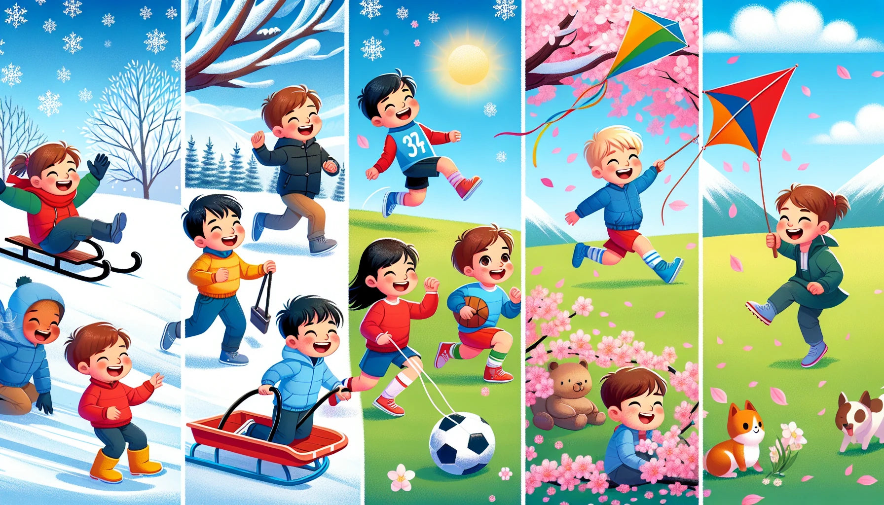 Children of diverse backgrounds engage in seasonal sports: sledding, soccer, kite-flying; winter to spring transition.
