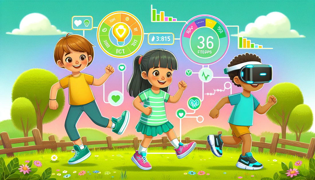 Cartoon kids outdoors, wearing fitness tech like trackers and VR goggles, promoting active lifestyles through wearables.