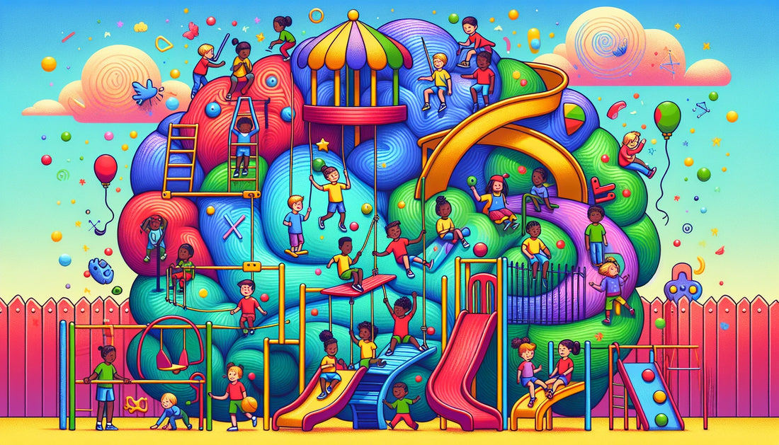Diverse children play on a colorful brain-shaped playground, illustrating physical activity's impact on cognitive developm...