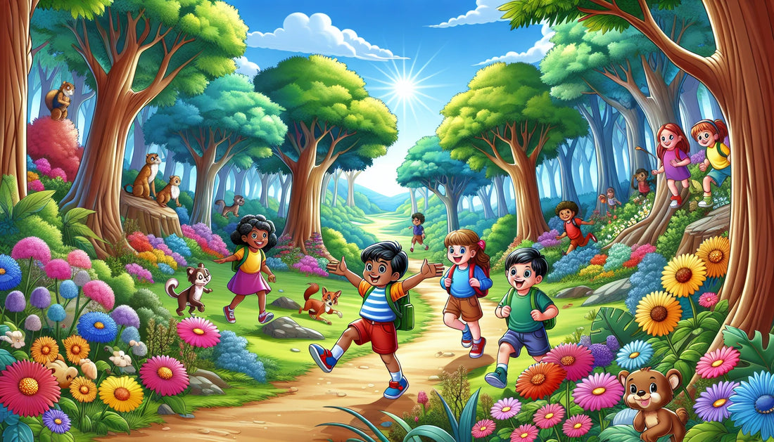 Cartoon children explore a forest trail with trees, flowers, and animals, promoting exploration and physical activity.