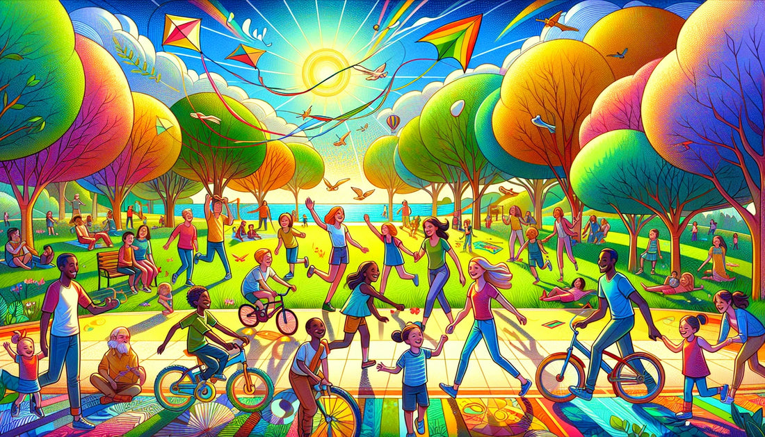 Diverse kids and adults enjoy outdoor activities like kite flying and cycling in a sunlit park, unplugged from digital dev...