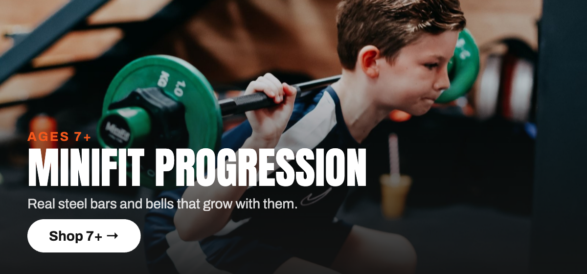 MiniFit Progression collection banner, young athlete training with a real light barbell under supervision, ages 7 plus