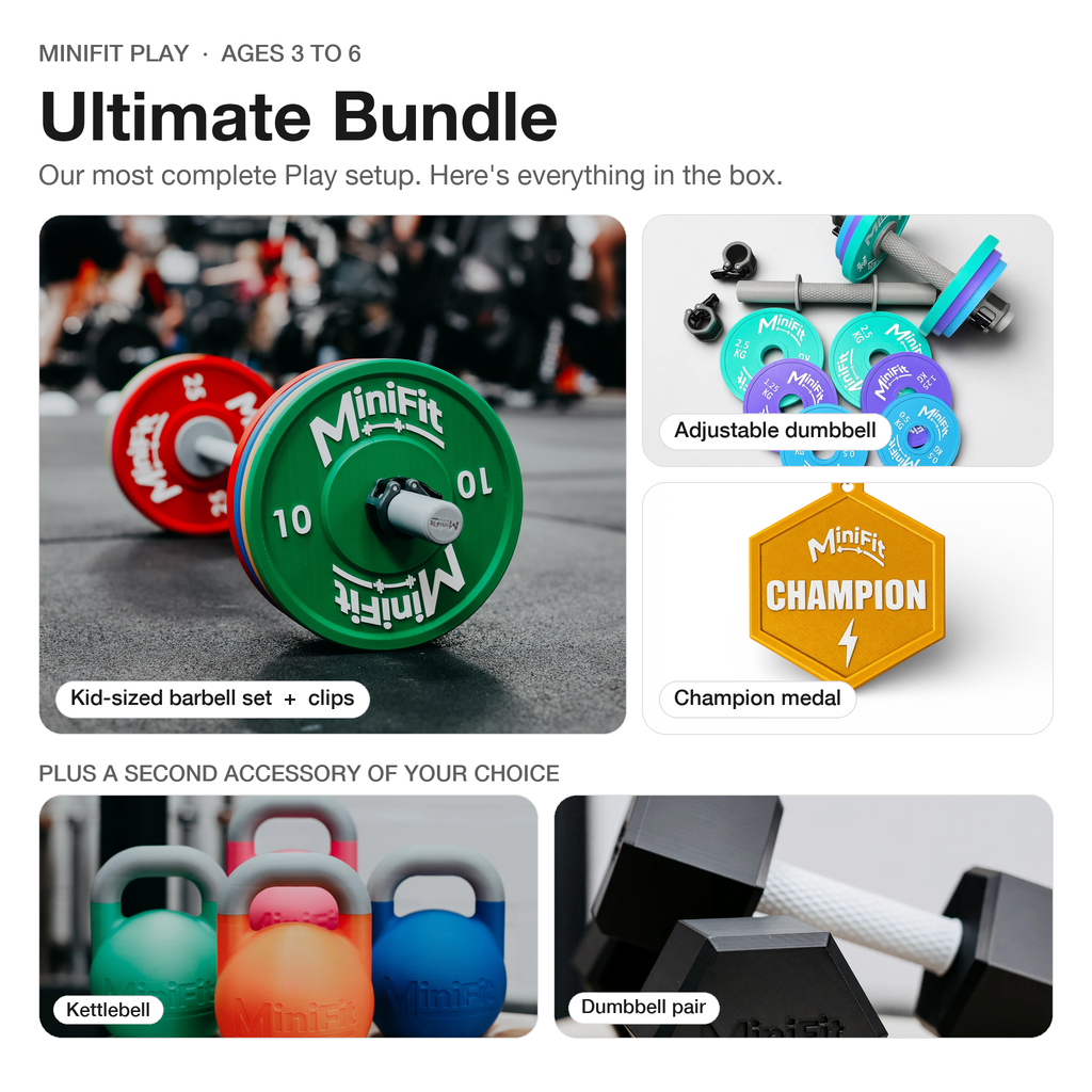 MiniFit Play Ultimate Bundle, kid-sized barbell, dumbbell and medal set for ages 3 to 6, made to order in Poole, UK