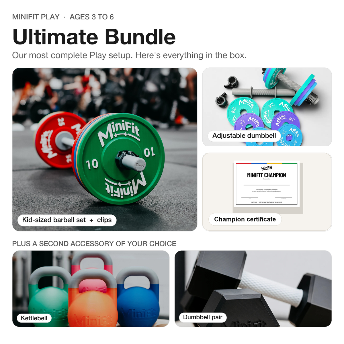 MiniFit Play Ultimate Bundle, everything in the box: kid-sized barbell set with clips, adjustable dumbbell, Champion certificate and a second accessory of your choice, ages 3 to 6, made to order in Poole, UK